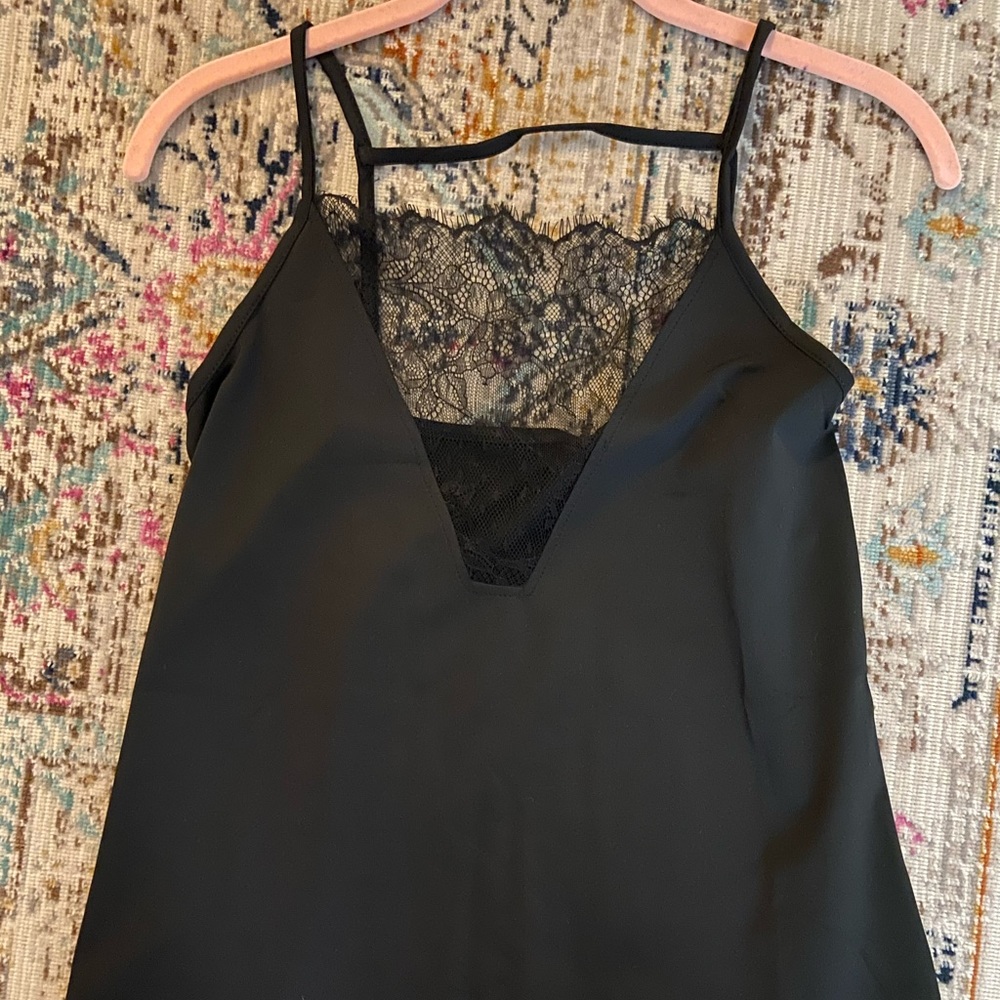 Black silk tank tank top with lace detail